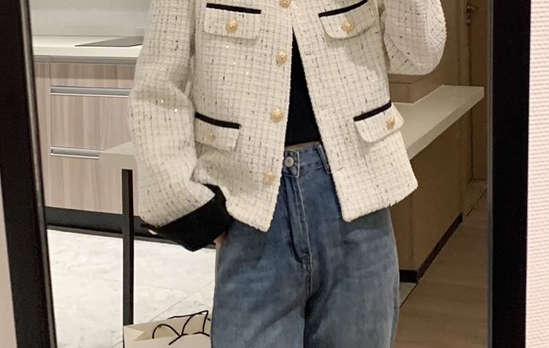 Contrast Trim Tweed Button Jacket