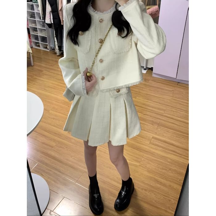 Set: Fringed Tweed Cropped Button Jacket + High Waist Pleated Mini A-Line Skirt