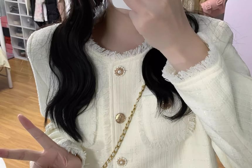 Set: Fringed Tweed Cropped Button Jacket + High Waist Pleated Mini A-Line Skirt