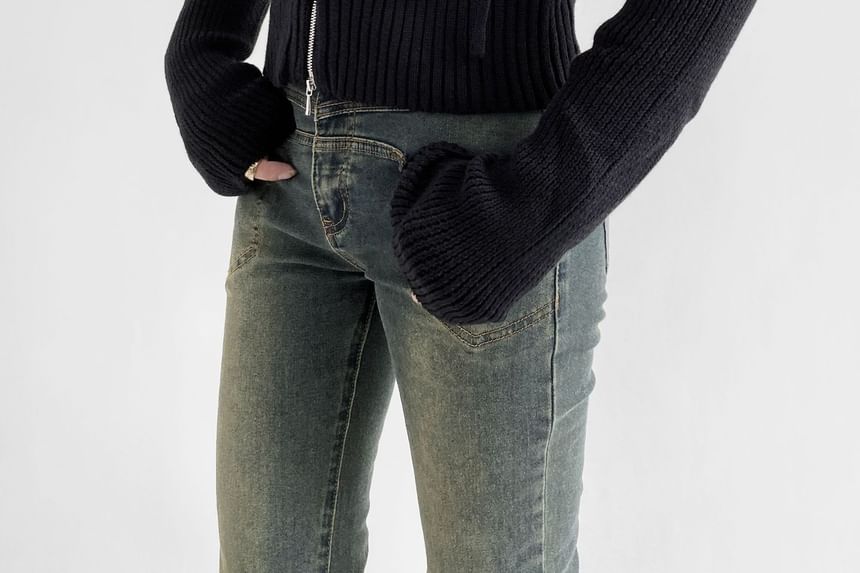 Long Sleeve Solid Ribbed Zip-Up Knit Jacket