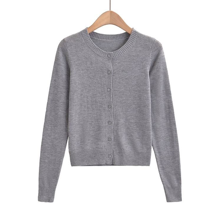 Classic Button-Front Crewneck Knit Cardigan
