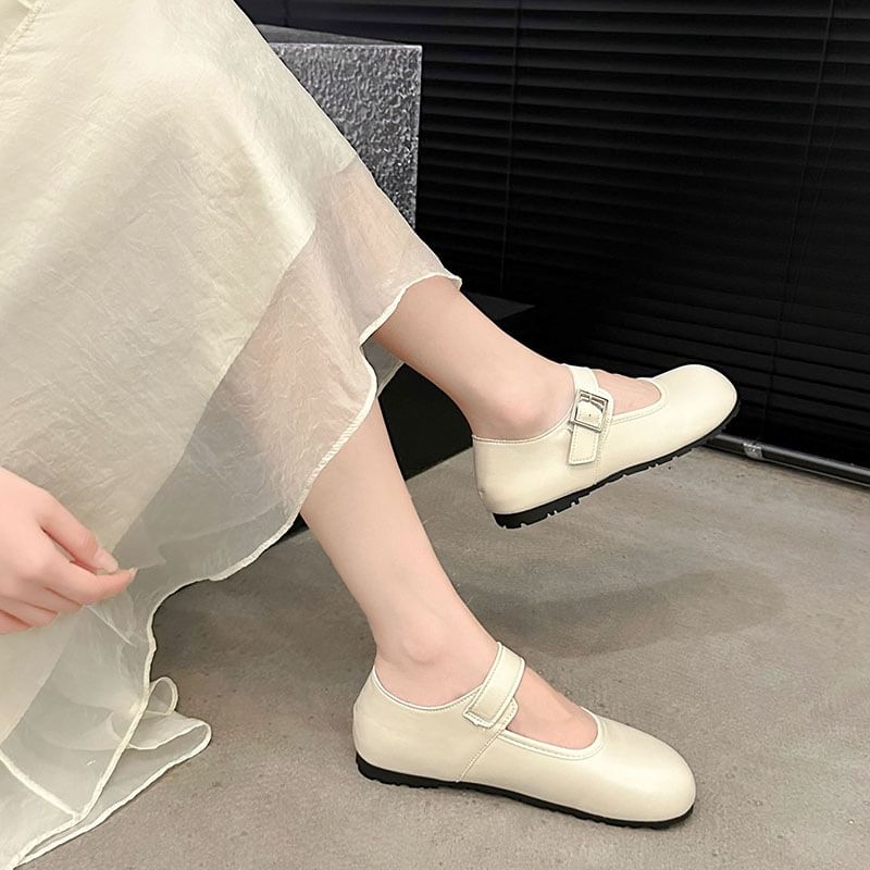 Jane Round Leather Faux Plain Flats Mary Buckled Toe