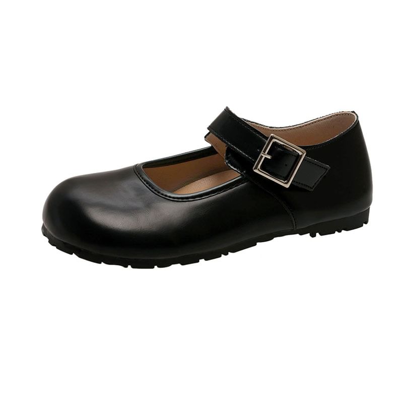 Jane Round Leather Faux Plain Flats Mary Buckled Toe