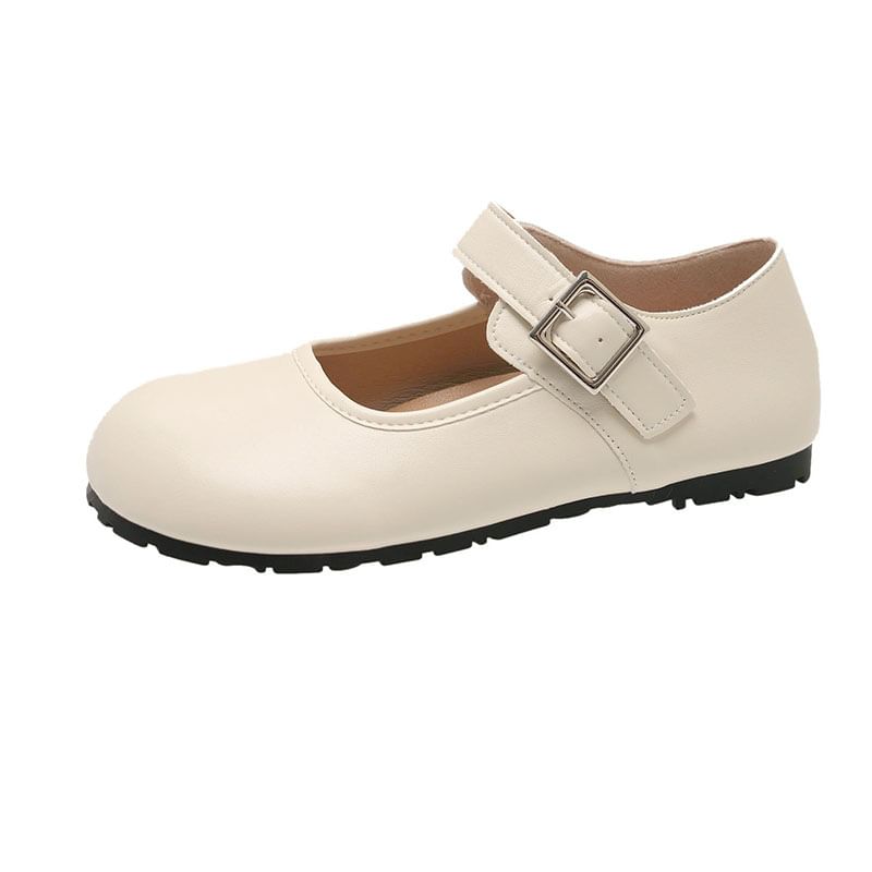 Jane Round Leather Faux Plain Flats Mary Buckled Toe