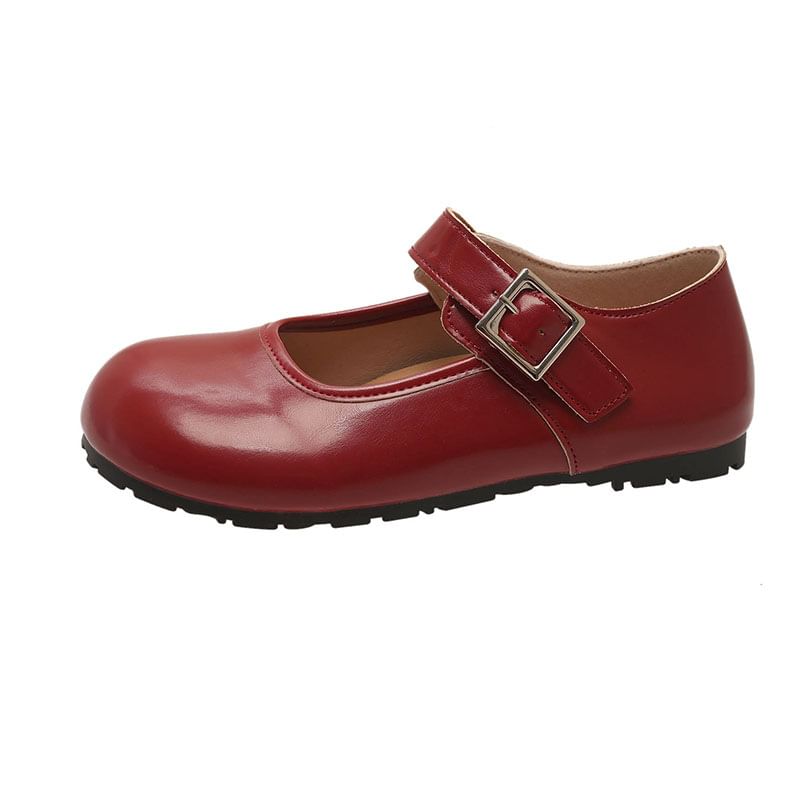Jane Round Leather Faux Plain Flats Mary Buckled Toe