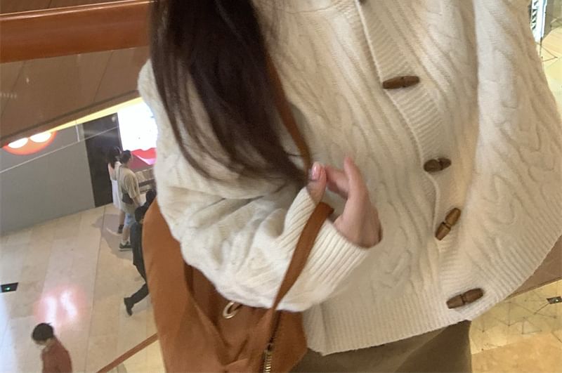 Hooded Cable Knit Cropped Toggle Cardigan