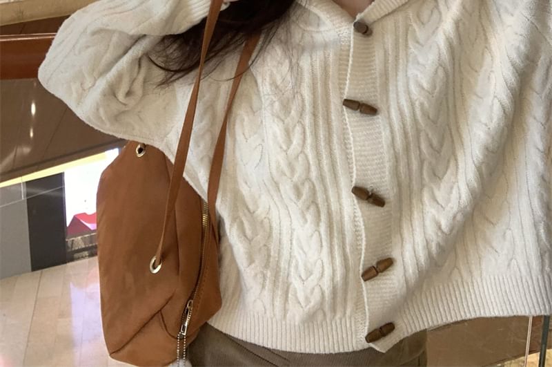 Hooded Cable Knit Cropped Toggle Cardigan