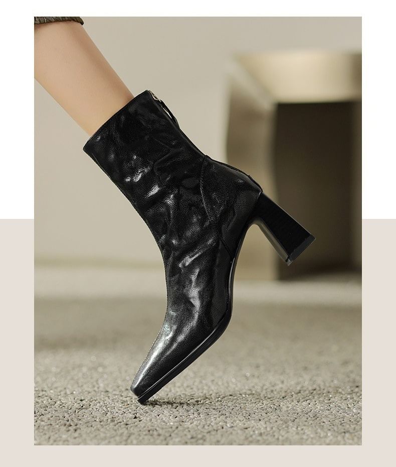 Short Boots Toe Zip Square Block Heel