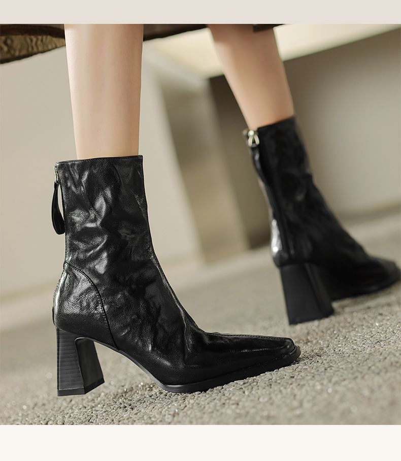 Short Boots Toe Zip Square Block Heel