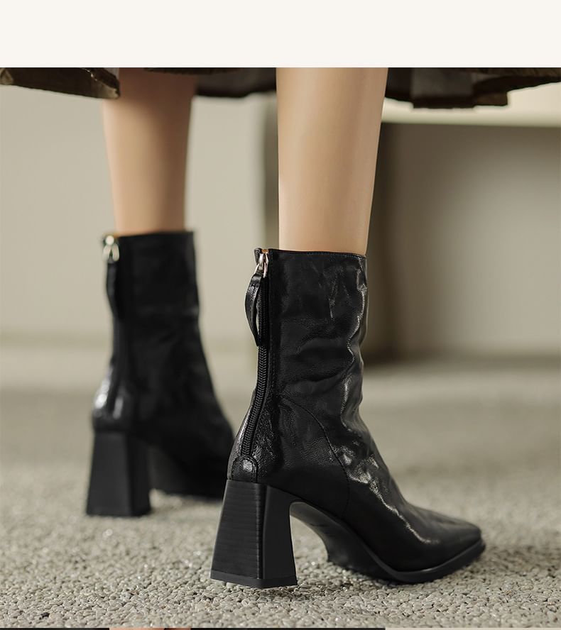 Short Boots Toe Zip Square Block Heel