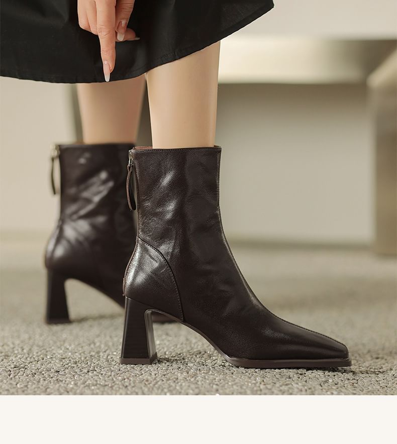 Short Boots Toe Zip Square Block Heel
