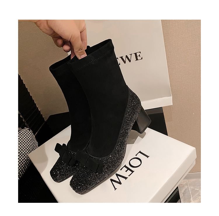 Glitter Bow Square Heel Boots Block Sock Toe Short