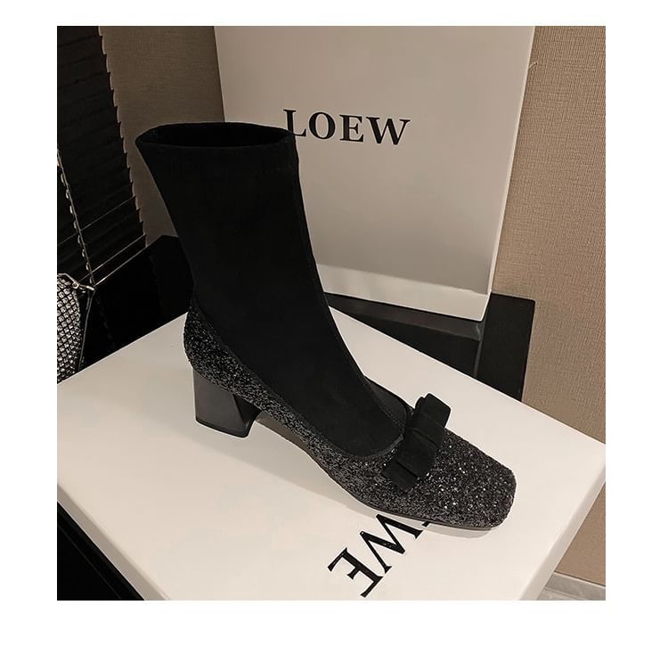 Glitter Bow Square Heel Boots Block Sock Toe Short