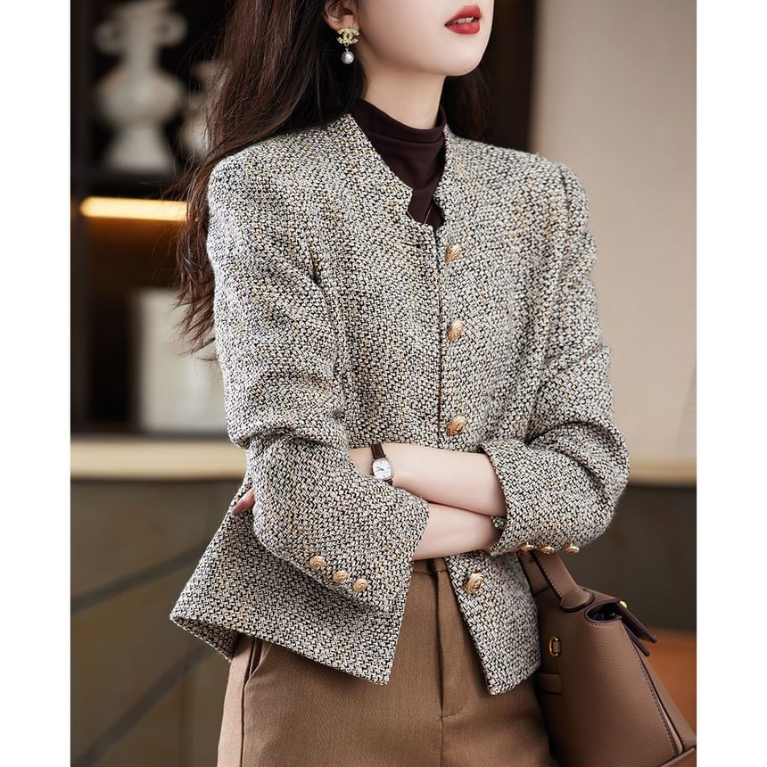 Stand Collar Tweed Button Jacket