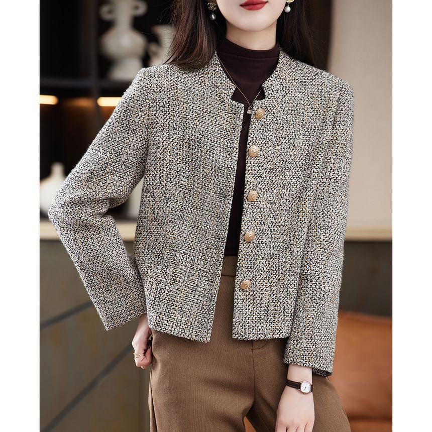 Stand Collar Tweed Button Jacket