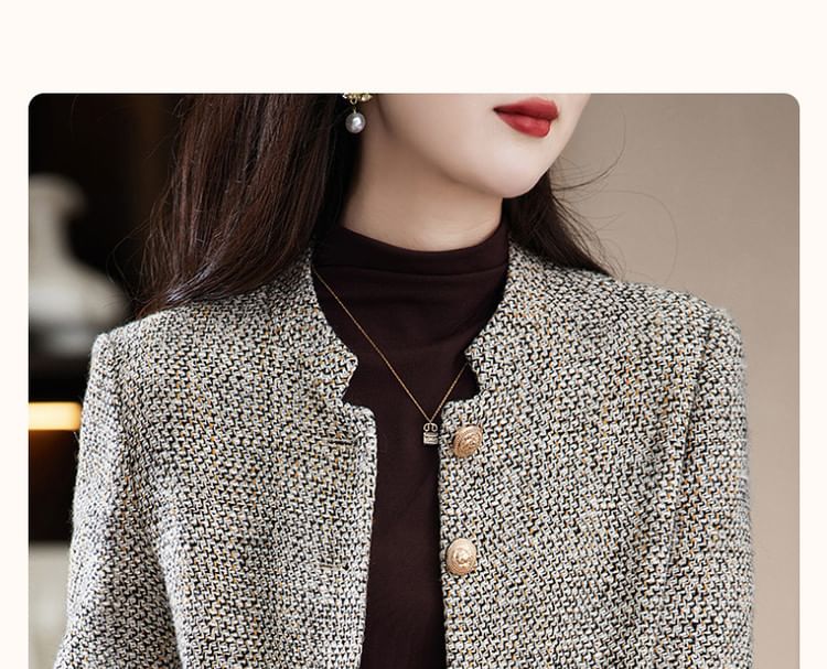 Stand Collar Tweed Button Jacket