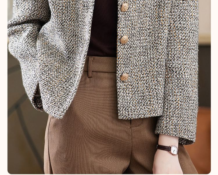 Stand Collar Tweed Button Jacket