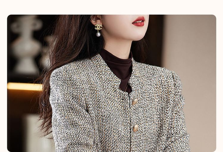 Stand Collar Tweed Button Jacket