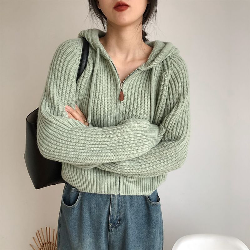 Hooded Ribbed Zip-Front Cardigan