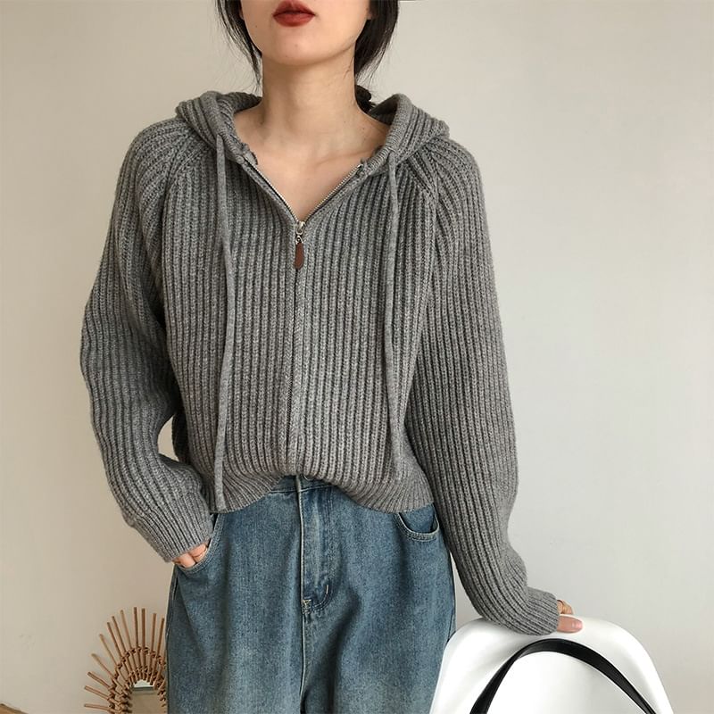 Hooded Ribbed Zip-Front Cardigan