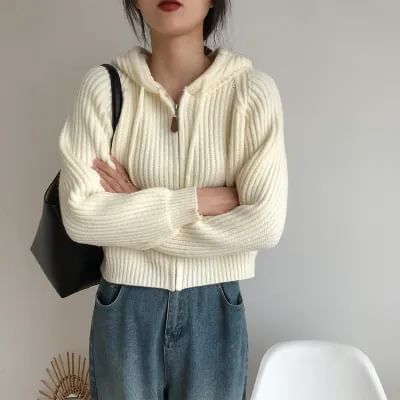 Hooded Ribbed Zip-Front Cardigan