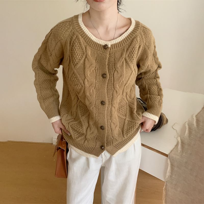 Cable Knit Round Neck Contrast Trim Cardigan