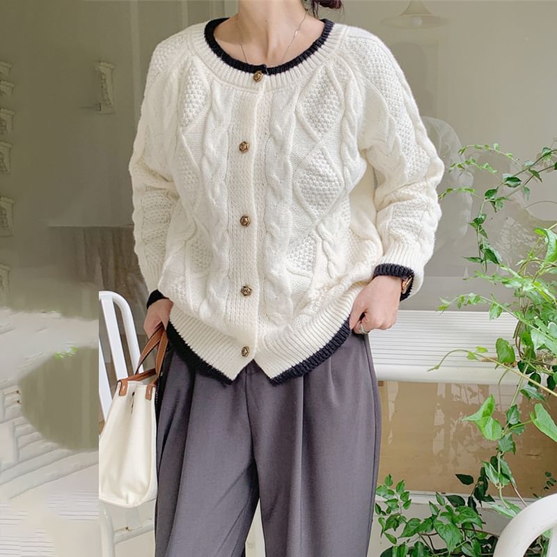 Cable Knit Round Neck Contrast Trim Cardigan