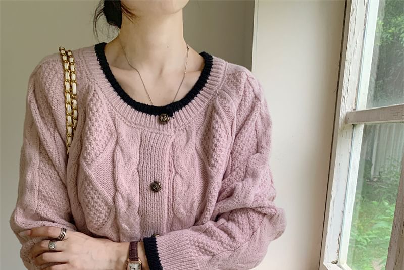 Cable Knit Round Neck Contrast Trim Cardigan