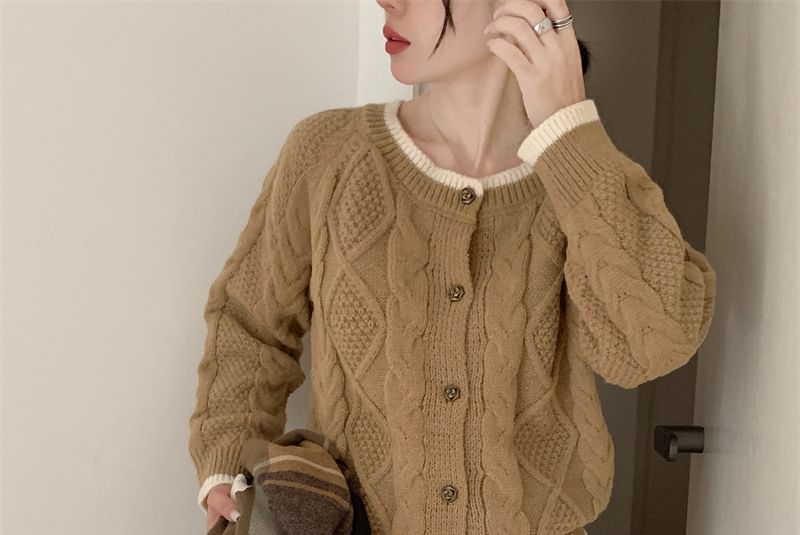 Cable Knit Round Neck Contrast Trim Cardigan