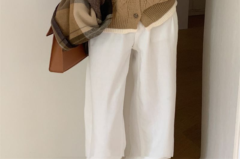 Cable Knit Round Neck Contrast Trim Cardigan