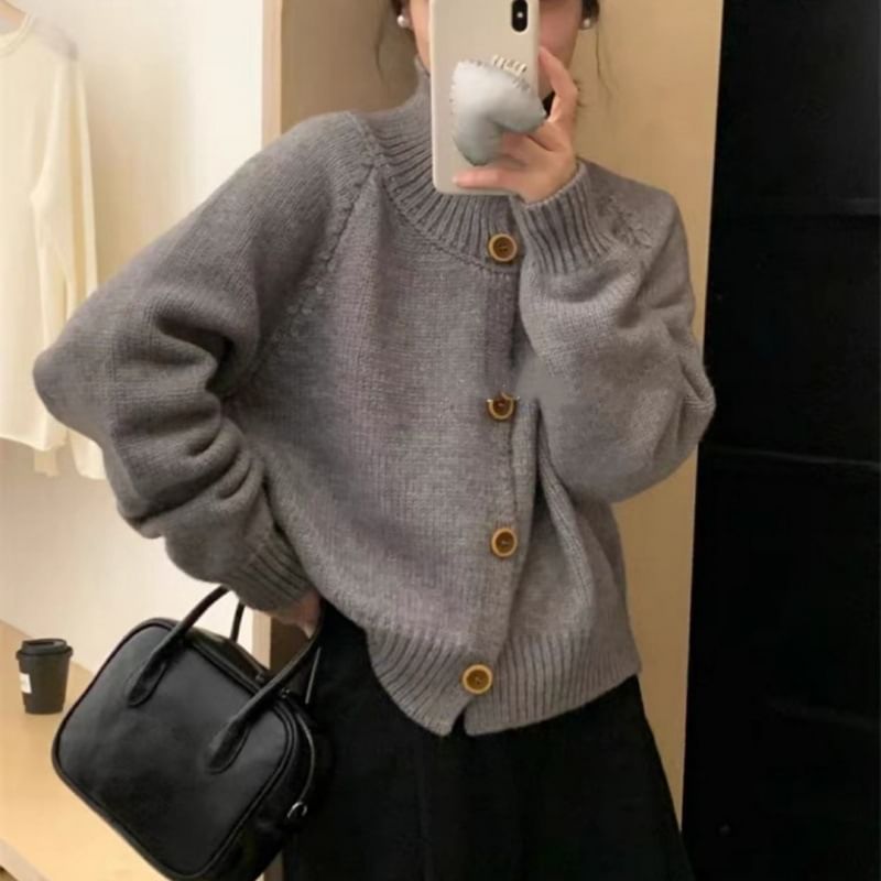 Stand Collar Solid Knit Cardigan