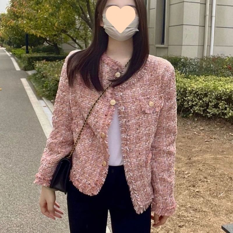 Round Neck Fray Tweed Button Jacket