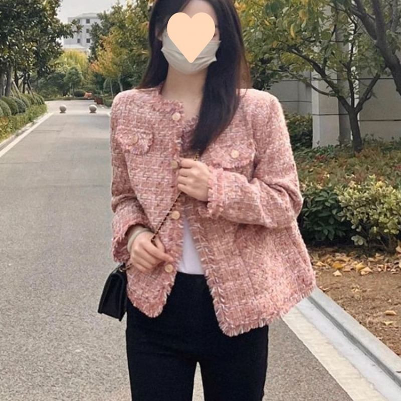 Round Neck Fray Tweed Button Jacket