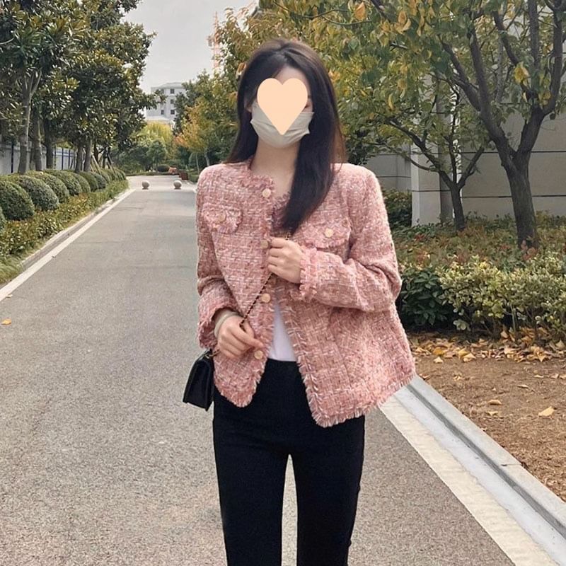 Round Neck Fray Tweed Button Jacket