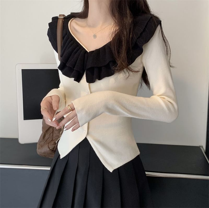 V-Neck Ruffle Detail Knit Cardigan