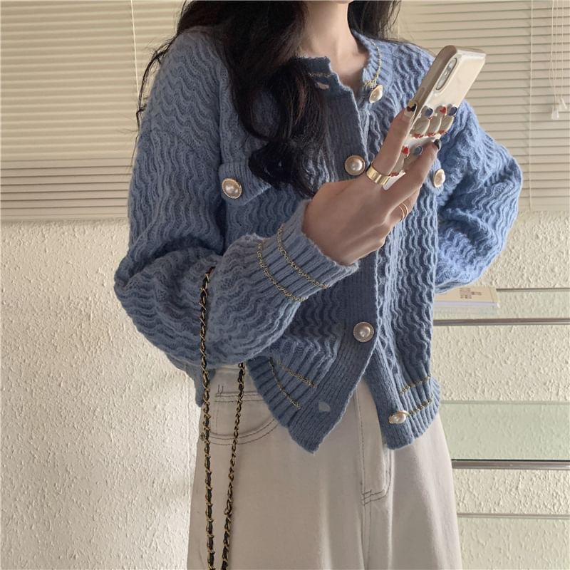 Faux Pearl Button Round Neck Striped Cardigan