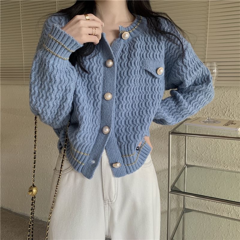 Faux Pearl Button Round Neck Striped Cardigan