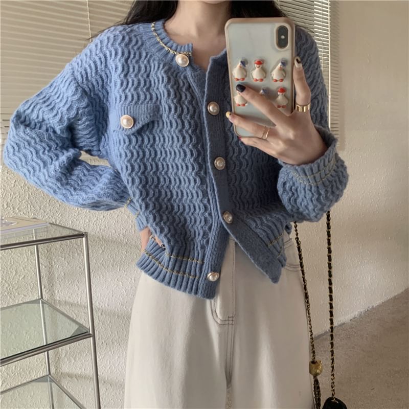 Faux Pearl Button Round Neck Striped Cardigan