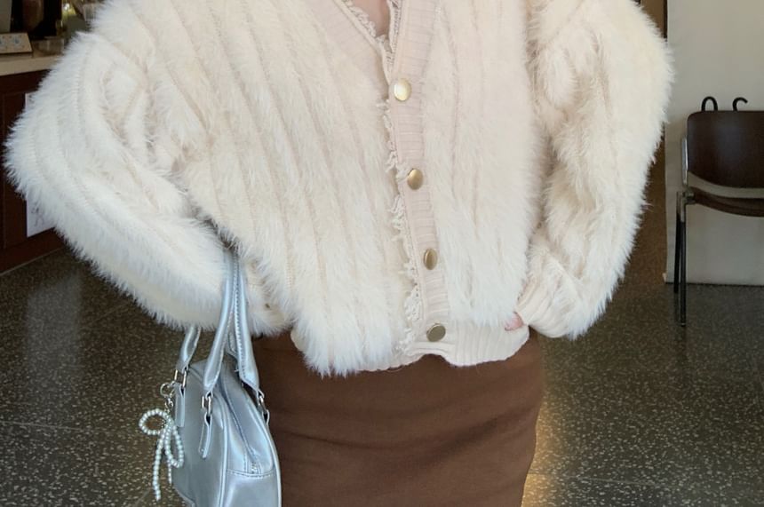 Fringed Trim V-Neck Ribbed Cardigan