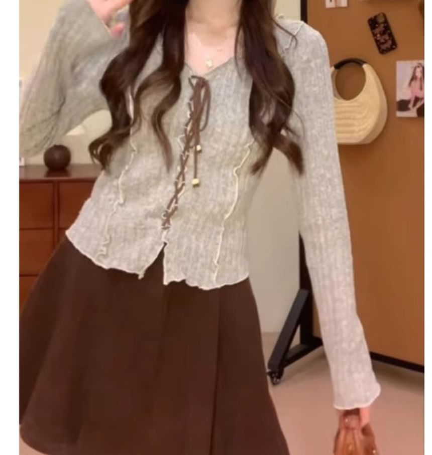 Melange Lace-Up V-Neck Long-Sleeve Knit Top