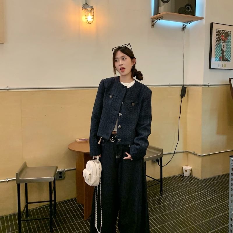 Tweed Button-Up Jacket / Low Rise Washed Wide Leg Jeans