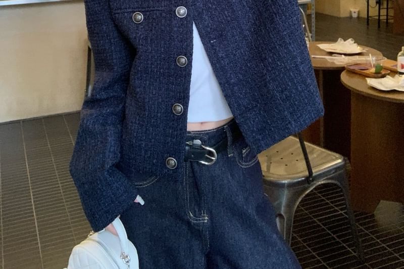 Tweed Button-Up Jacket / Low Rise Washed Wide Leg Jeans