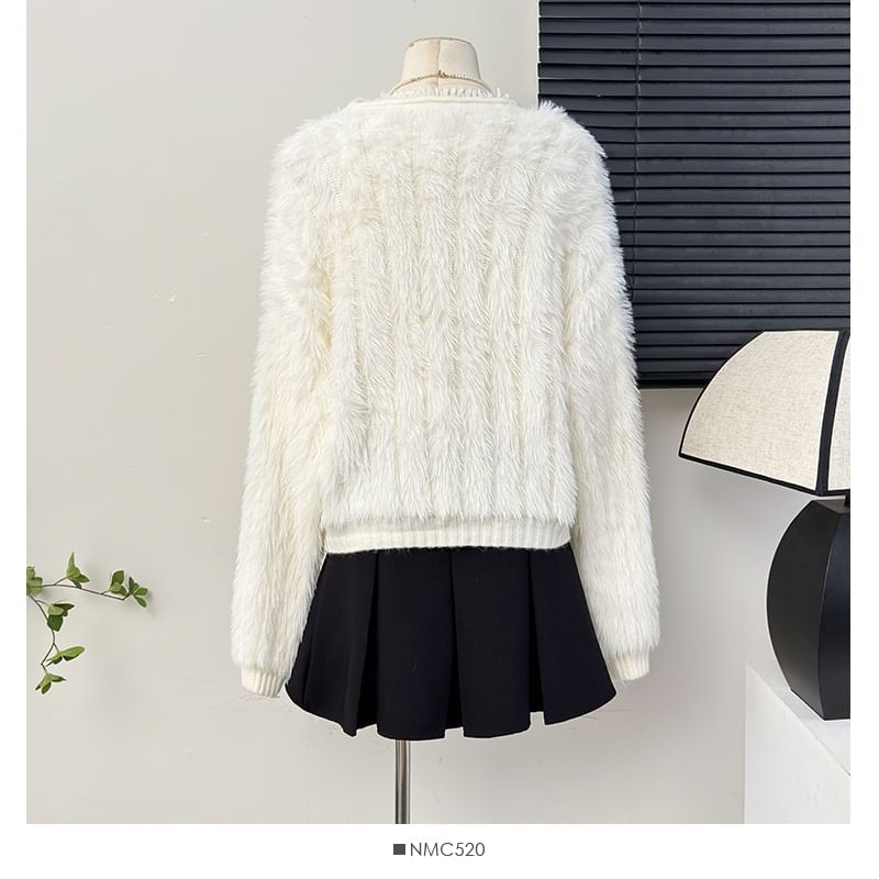Oversized Fluffy V-Neck Knit Cardigan