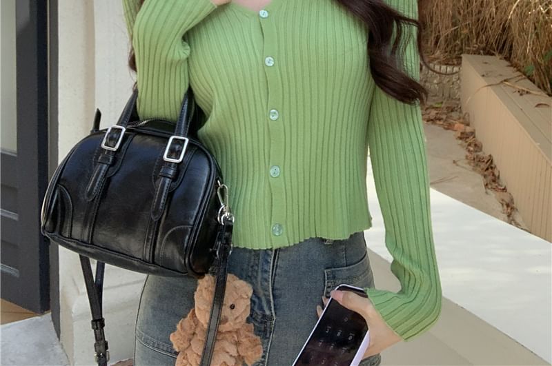 V-Neck Solid Ribbed Knit Jacket