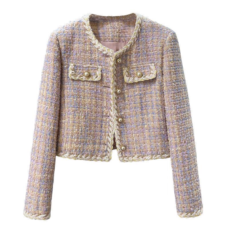 Round Neck Tweed Pearl Button Cropped Jacket