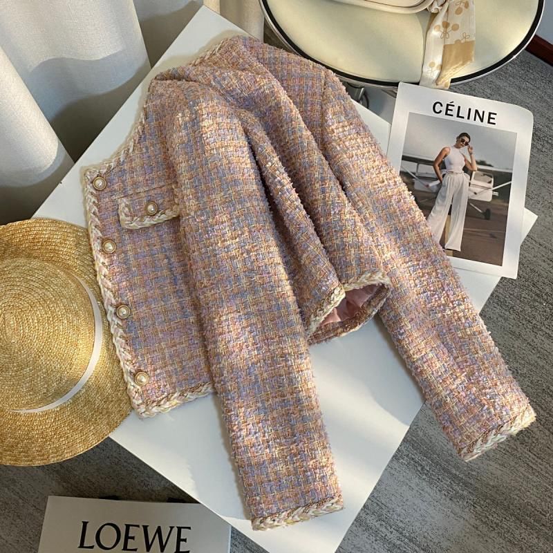 Round Neck Tweed Pearl Button Cropped Jacket