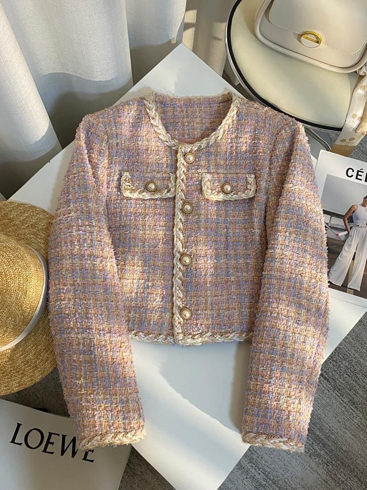 Round Neck Tweed Pearl Button Cropped Jacket