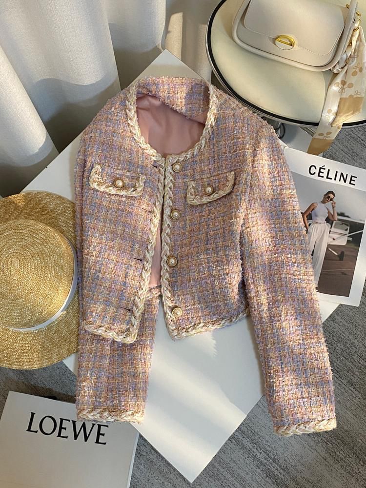Round Neck Tweed Pearl Button Cropped Jacket