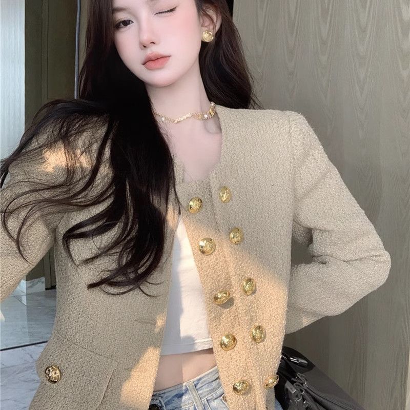 Long Sleeve Round Neck Button Up Cropped Tweed Jacket