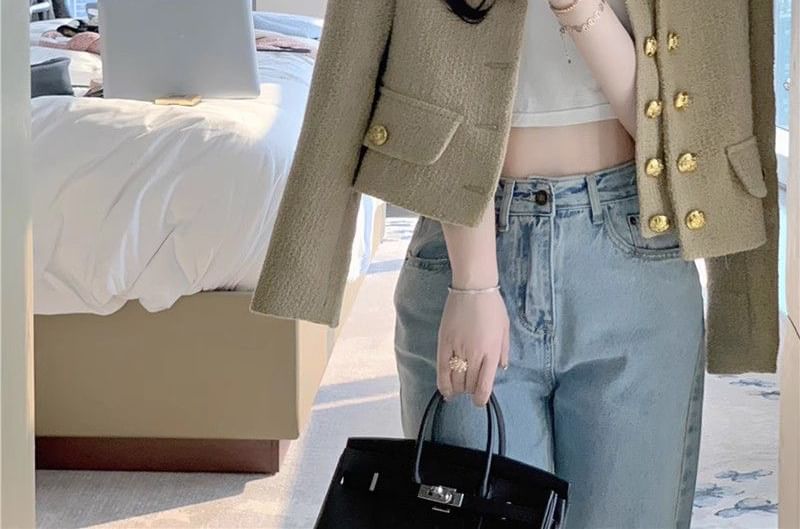 Long Sleeve Round Neck Button Up Cropped Tweed Jacket